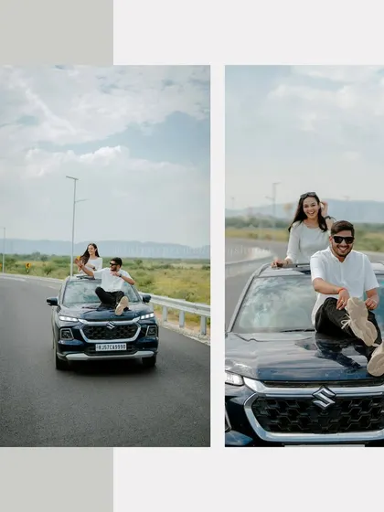 A road trip themed pre-wedding shoot! We love getting creative, and this shoot with Sunil and Shalini on the highway with their car was a blast.