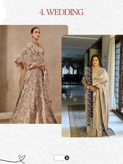 For the main wedding ceremony, I suggest timeless and opulent looks for mothers. This includes intricately embroidered lehengas or classic silk sarees with statement blouses, paired with heritage jewelry to complete the regal look.