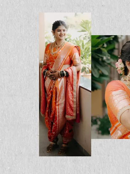 A collage showcasing the elegance of a Marathi bride. Her beautiful orange Paithani saree and traditional jewelry are highlighted in these portraits, capturing her grace and smile.