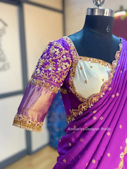 A close-up look at the soul of my work: the intricate hand embroidery. This Langa Davani blouse for a young girl features detailed zardosi and threadwork on the sleeves, showcasing the level of craftsmanship I pour into every single piece.