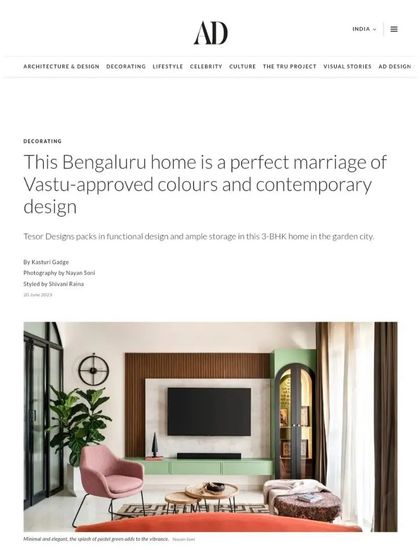 The cover story of our 'Colorpop Home' feature in Architectural Digest. Seeing our work recognized for its marriage of Vastu-approved colors and contemporary design is a proud moment for my team and me.