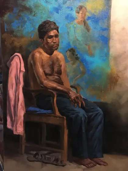 A full view of an oil on canvas piece from my classwork at Sir J.J. School of Art. It shows the development of a complex figurative composition.