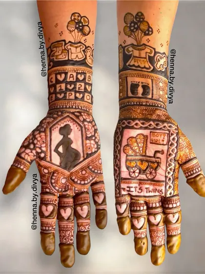 A special design for a mother expecting twins. This henna art includes a 'Boy or Girl' theme with a baby carriage, a silhouette of the pregnant mother, and a fun 'It's Twins' announcement.