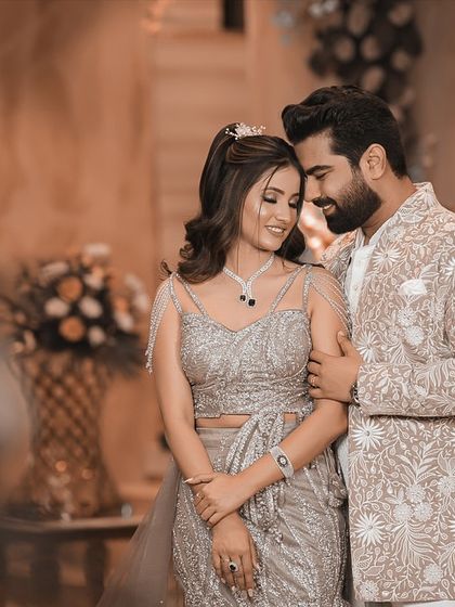 A cinematic shot of the couple from their engagement film, Manav & Pooja. This image showcases my film-style color grading and composition, turning a real moment into a movie-like poster.