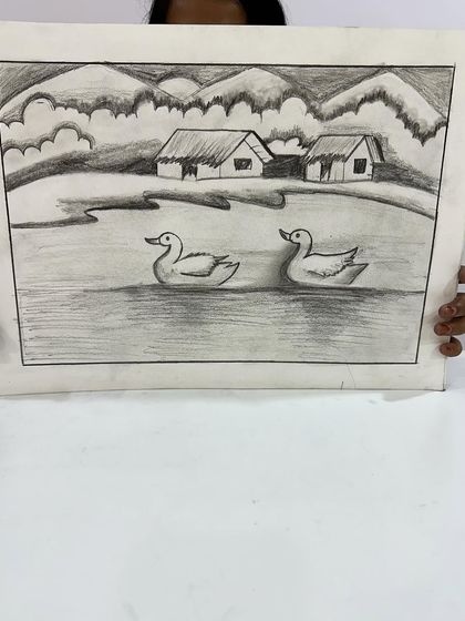 A sweet landscape with ducks on a lake, held up by a proud student.