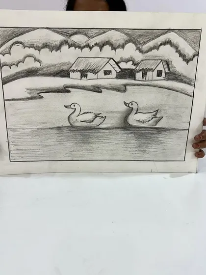 A sweet landscape with ducks on a lake, held up by a proud student.