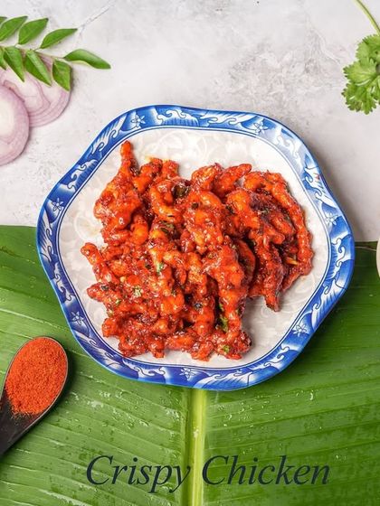 This is our classic Crispy Chicken starter. Thinly sliced chicken is fried until perfectly crisp and seasoned, served with a spicy red dipping sauce.