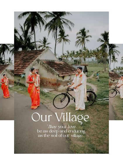 This collage from the village series shows the couple with a bicycle, adding a charming, retro element to their wedding portraits.