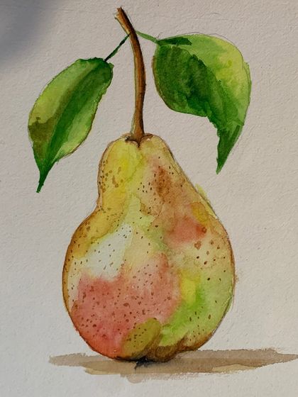 A "pear-fect" watercolor still life. This painting showcases a wonderful blend of colors and fluid strokes to create a realistic and appealing fruit study.
