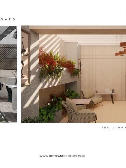 This before-and-after shows our vision for turning a simple utility area into a sophisticated outdoor lounge, complete with a stylish bar, comfortable seating, and integrated planters.