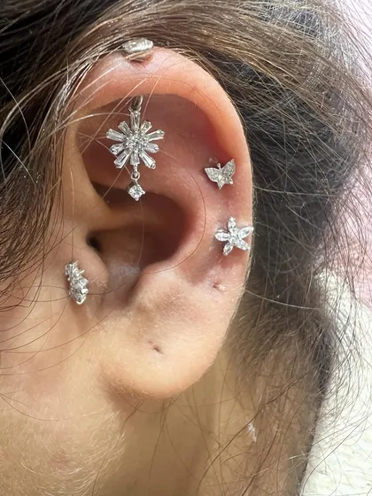 A winter-themed ear stack with a snowflake hanging, butterfly studs, and other delicate pieces.
