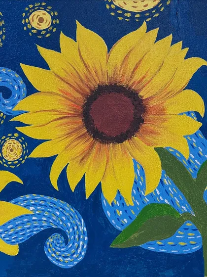 Another detail shot focusing on a single sunflower, capturing the layers of colour and the iconic style that inspired the piece.