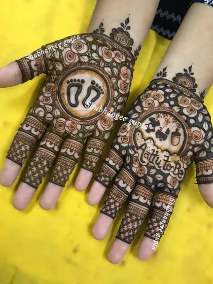 Another sweet design for a baby shower. This one features tiny baby footprints in the center of one palm and a 'Mattu to be' design on the other, surrounded by delicate floral mandalas.