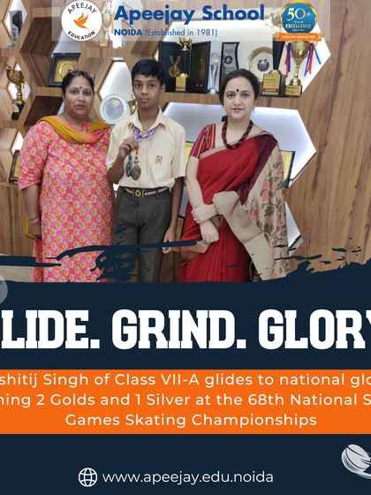 We celebrate the glory of our student athletes. Kshitij Singh of Class VII-A glided to national victory at the 68th National School Games Skating Championships, winning two gold medals and one silver, a testament to his dedication and our school's commitment to sports excellence.