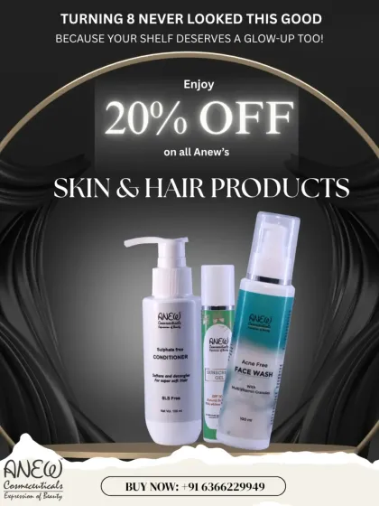 As part of our 8th-anniversary celebration, we're offering 20% off on all Anew skin and hair products. Because your shelf deserves a glow-up too.