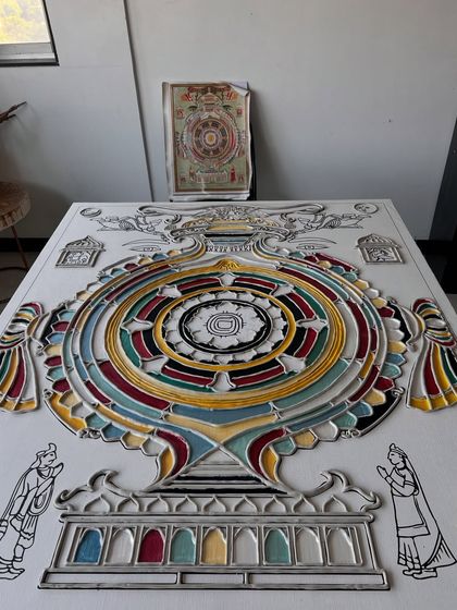 The "Siddha Chakra" in progress. Here you can see the textured layers being built up before the final colors are applied, with the original reference drawing in the background.
