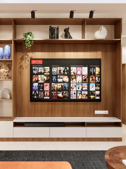 A well-designed TV unit can be the centerpiece of a living room. This render showcases a custom-built unit with ample shelving and a clean, modern aesthetic, perfectly integrated with the room's overall design to be both functional and beautiful.