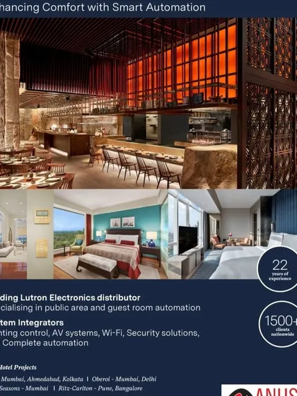 This collage highlights my extensive experience in the hospitality sector, with successful projects for leading brands like ITC, Oberoi, and Four Seasons. I specialize in both public area and guest room automation, integrating lighting, AV, Wi-Fi, and security solutions.