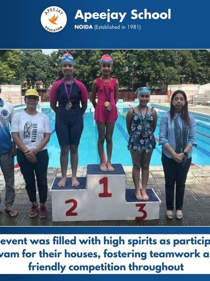 The winners of the girls' swimming events stand proudly on the podium. The event was filled with high spirits as participants swam for their houses, fostering teamwork and friendly competition.