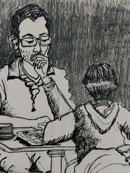 A pen and ink sketch capturing a quiet, thoughtful moment between a father and child playing a game.