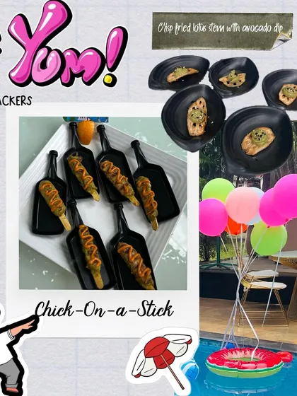Fun and flavorful bites perfect for a pool party. This collage showcases "Chick-On-a-Stick" skewers and crisp fried lotus stem with avocado dip, proving party food can be creative and delicious.
