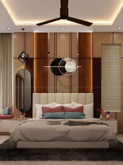 A full view of the bedroom, highlighting the balance between the dark wood, light-colored bedding, and modern decor.