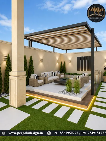 A perfect example of a modern backyard lounge. This pergola is built on a raised deck with integrated lighting, creating a defined and sophisticated seating area. The design is ideal for properties with spacious gardens.