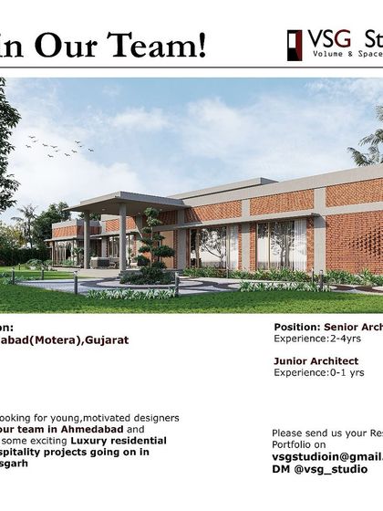 VSG Studio in Ahmedabad is hiring a Senior Architect (2-4 years) and a Junior Architect (0-1 year) to work on luxury residential and hospitality projects.