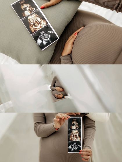 A collage celebrating the first glimpses of a new life. The mother-to-be holds up her ultrasound scans, a tangible connection to the baby she is so excited to meet. These are the details that make the story uniquely yours.