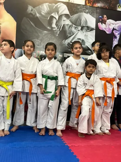 A lineup of our students, showing the progression through different belt ranks. Each belt is earned through sweat and dedication.