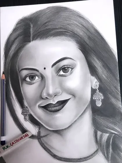 This version of the Kajal Aggarwal sketch is presented with clean, bright lighting, showing the crisp lines and smooth shading.