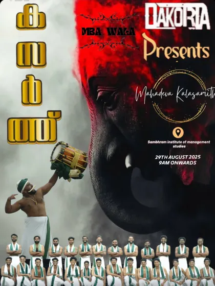 The official poster for "KASARATH" at Sambhram Institute, presented by Dakorta. The elephant art perfectly captures the power of our melam.