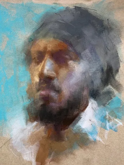 A soft pastel sketch of a man against a bright blue background, exploring contrast and mood.