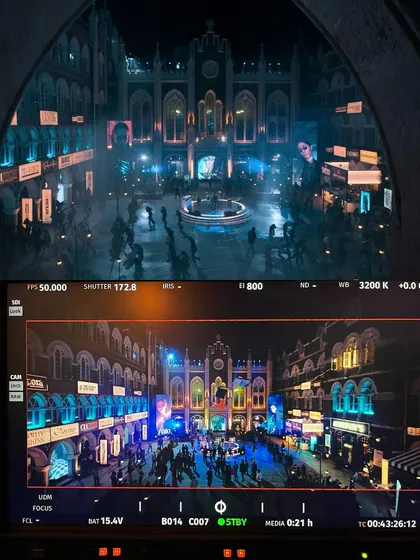 A view from the monitor on the 'Saiyaara' set, showing the beautifully lit final image compared to the wider, uncropped view through the archway.
