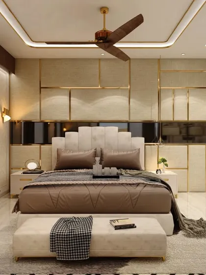 A 3D visualization of an upcoming bedroom project in Bhiwandi. This concept explores a grand, luxurious aesthetic with a full-wall headboard featuring metal inlays and a mirrored back panel.