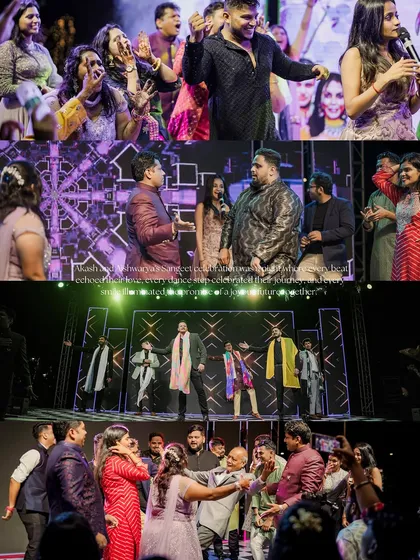 A collage of energetic moments from a Sangeet, showing guests and performers on stage, capturing the lively and celebratory atmosphere.