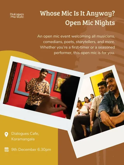 A flyer for "Whose Mic Is It Anyway?", our open mic night that welcomes all musicians, comedians, poets, and storytellers.