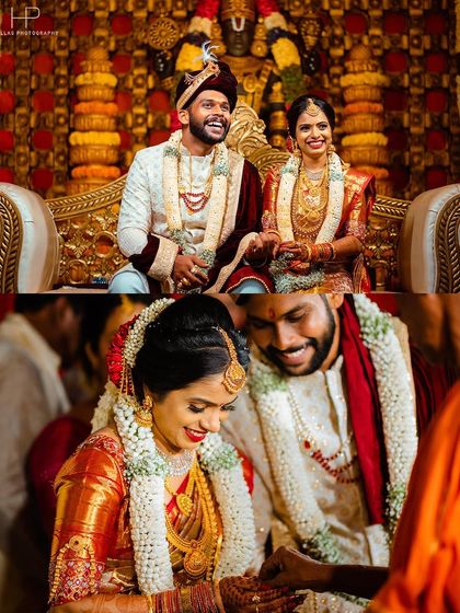 A collage of happy moments, from sitting on the wedding stage to candid interactions during the rituals.