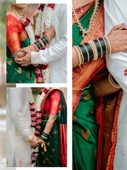 A detailed collage focusing on the essential elements of a Maharashtrian bride and groom's attire, from the green 'chuda' bangles to the holding of hands.