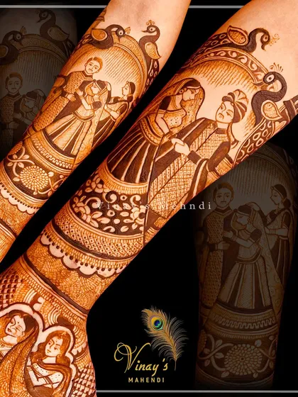 This design captures multiple figures, representing the joining of families. I teach techniques for composing group scenes that tell a larger story within the bridal mehndi.