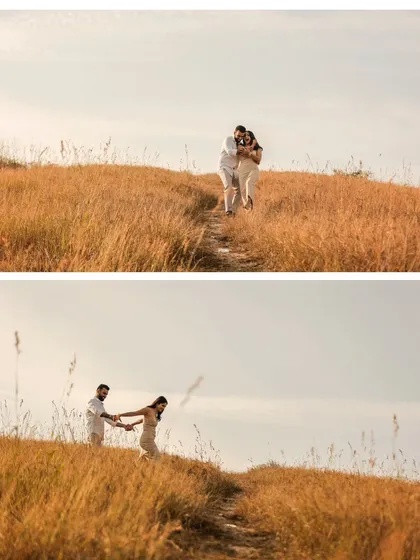 A dynamic two-panel collage showing the couple running and laughing on a hilltop path, capturing the energy and joy of their relationship.