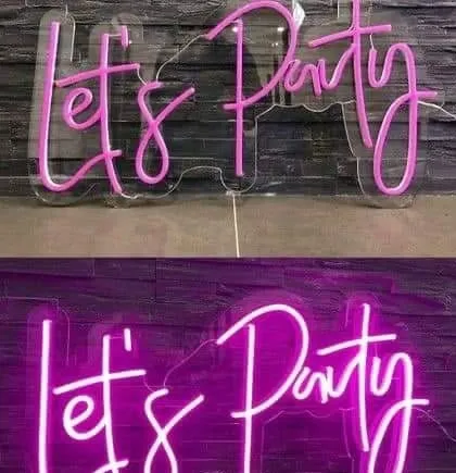 Get the party started with this 'Let's Party' neon sign. It's available for rent and adds a fun, vibrant touch to any celebration.