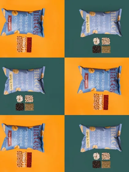 A creative grid layout for Natch chickpea popped chips. This kind of composite image is great for showing different product flavors in a single, graphic post.