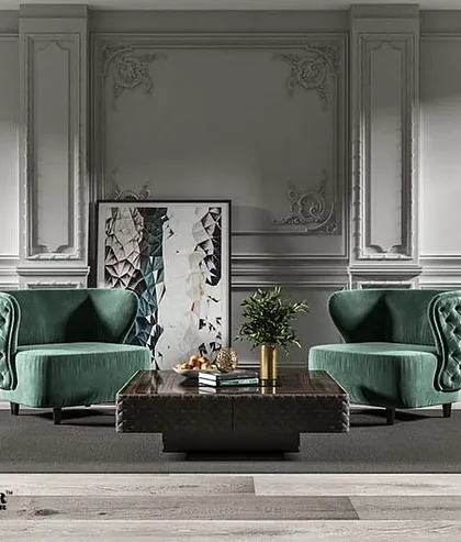 This plush velvet armchair in a rich green hue features classic tufted detailing on the sides. It's a perfect accent chair that adds a touch of timeless charm and high-end style to a room.