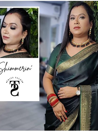 A collage showcasing a client's party makeup. The shimmering eye makeup and elegant styling make her look ready for any celebration.