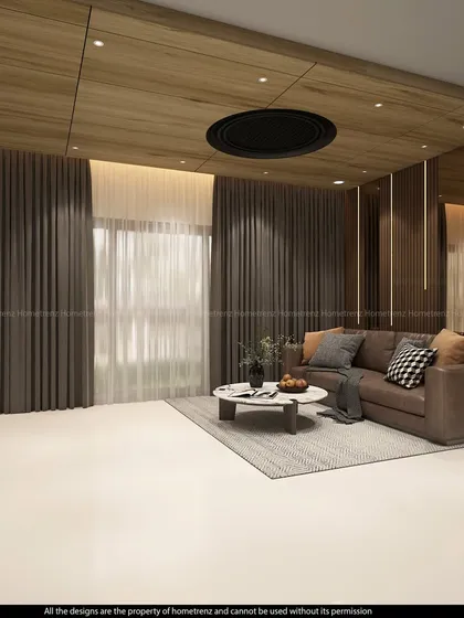 This living room design features a rich brown leather sofa and a wooden ceiling panel that adds warmth and texture. The heavy curtains can be drawn for a cozy, intimate feel.