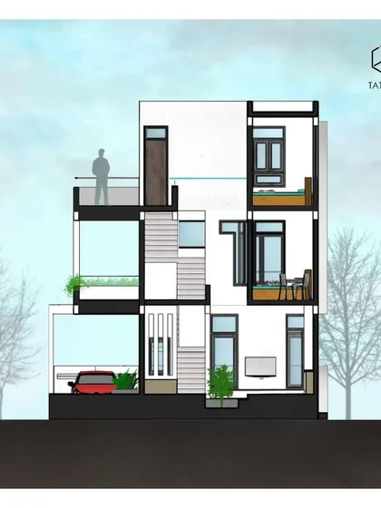 This cross-section view, labeled Section CC, illustrates the vertical arrangement of the compact city bungalow in Mysore. It highlights the car parking integration, staircase core, and the relationship between the indoor spaces and the outdoor terrace, demonstrating our approach to maximizing utility on a small plot.