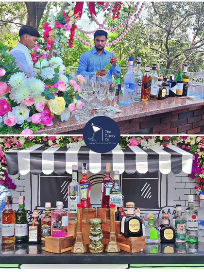 This collage showcases a Parisian-themed brunch bar. The top image shows our bartenders at work amidst floral decor, while the bottom image highlights the custom-illustrated bar front and premium spirit selection.