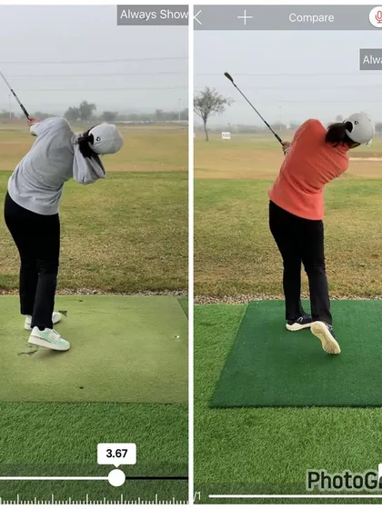 Swing upgrades for an online student. The "after" image shows a much better finish position, with full rotation and extension.