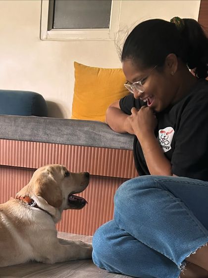 The joy on my face says it all! This is another shot of me and Simba during our 'watch me' training. Celebrating these small moments of connection and success makes the training process fun for both of us.